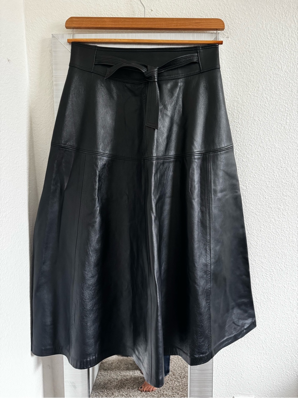 Black  Leather A-Line Midi Skirt with Waist Tie